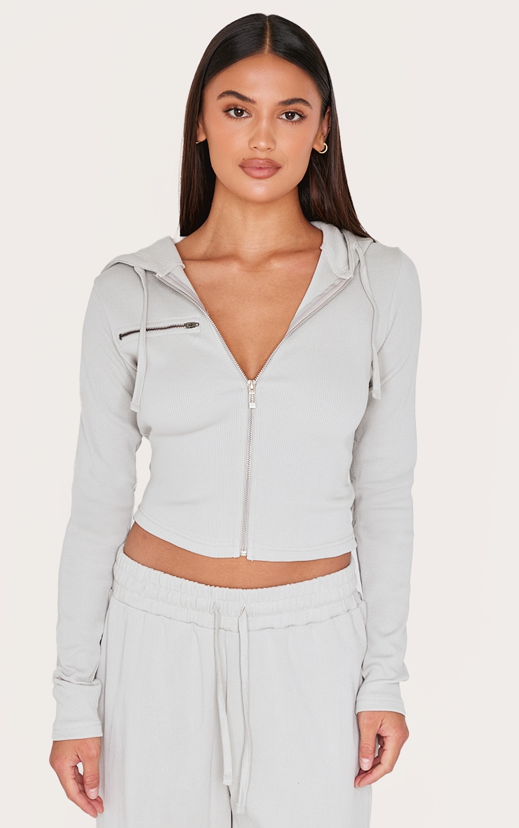 Light Grey Zip Up Ribbed Track Top image 1