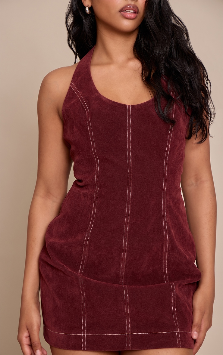 Petite Burgundy Suede Halterneck Fitted Mini Dress image 4