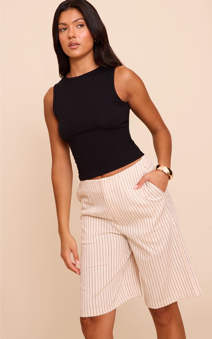 Beige Pinstripe Lightweight Longline Shorts image 1