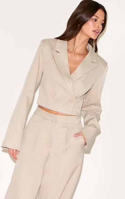 Blazer de tailleur court tissé gris pâle à épaules carrées