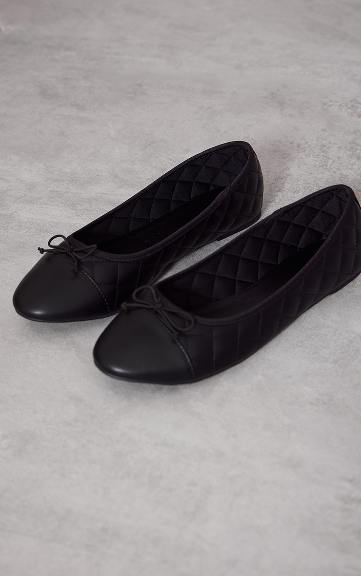 Black Bow Quilted Ballet Pumps Footwear PrettyLittleThing