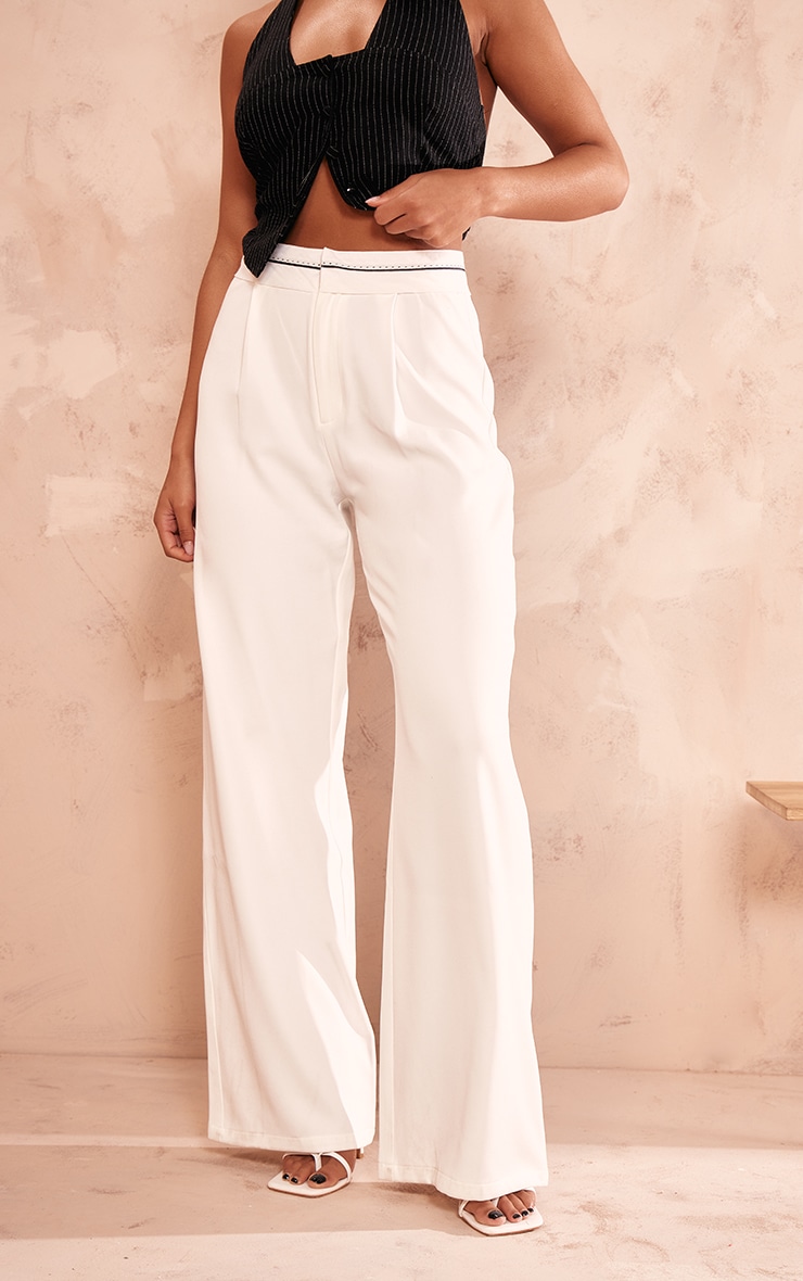 White Fold Over Waistband Tailored Pants image 2