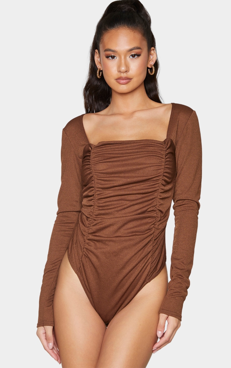 Chocolate Ruched Long Sleeve Bodysuit image 2