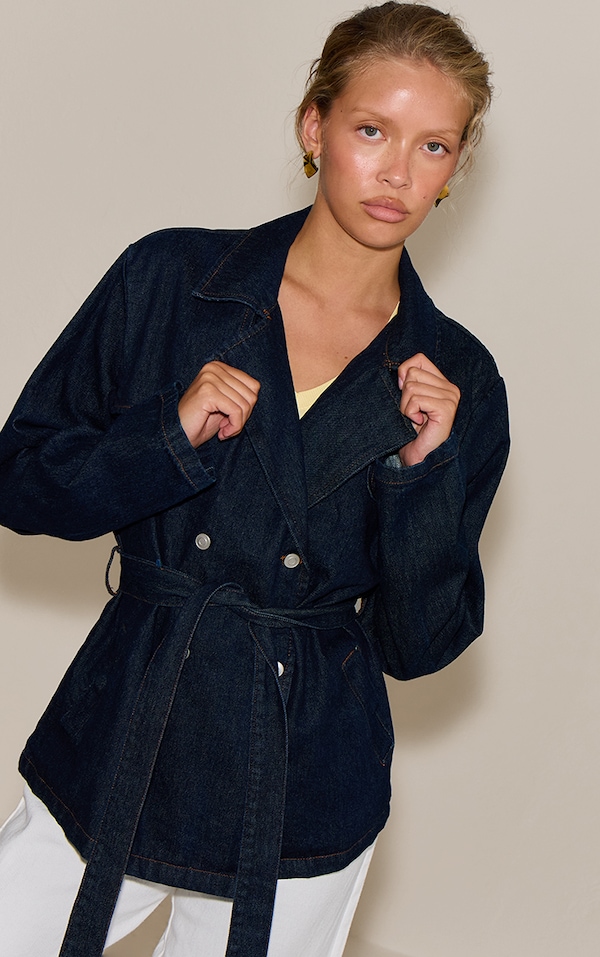 Indigo Belted Cropped Denim Trench
