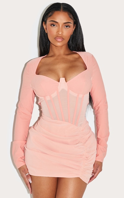 Shape Apricot Mesh Insert Corseted Ruched Side Mini Dress