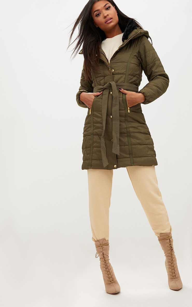 Khaki Longline Belted Puffer Coat PrettyLittleThing