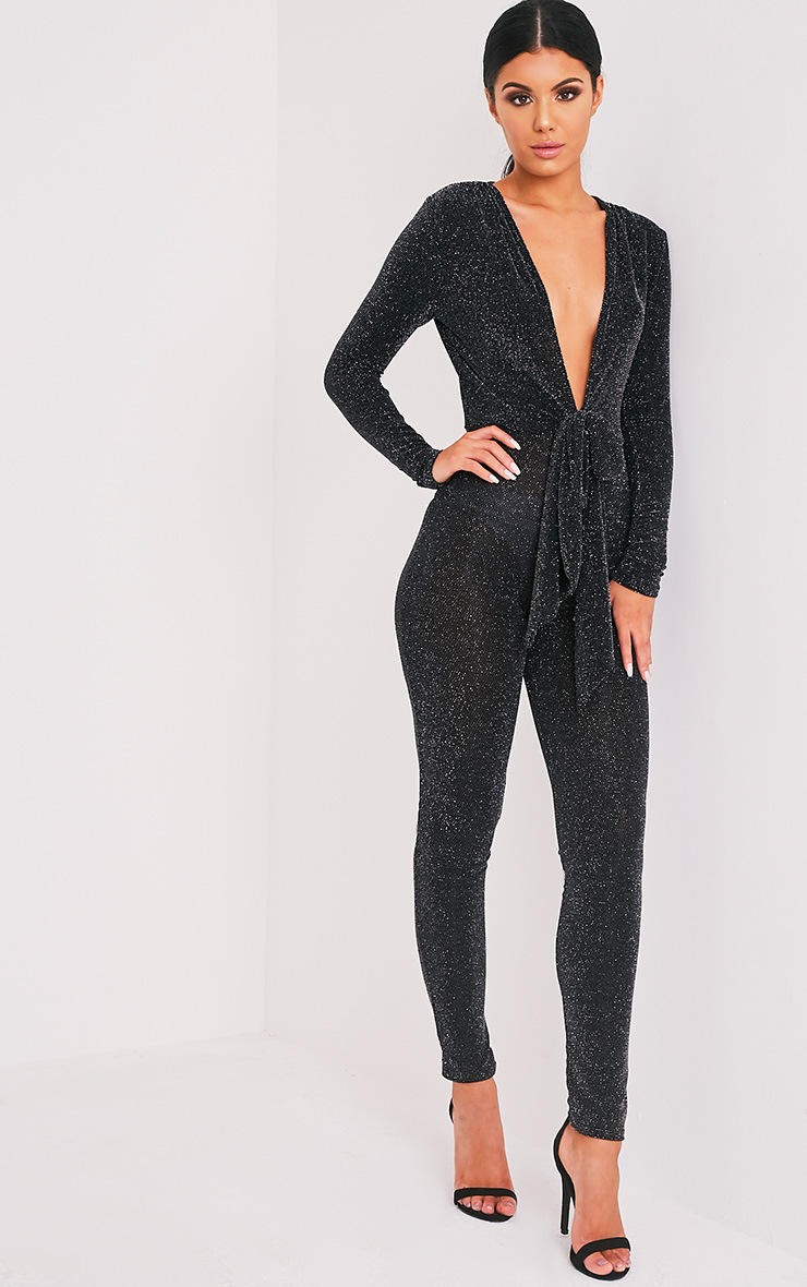 Alessia Black Lurex Knot Front Plunge Jumpsuit PrettyLittleThing USA