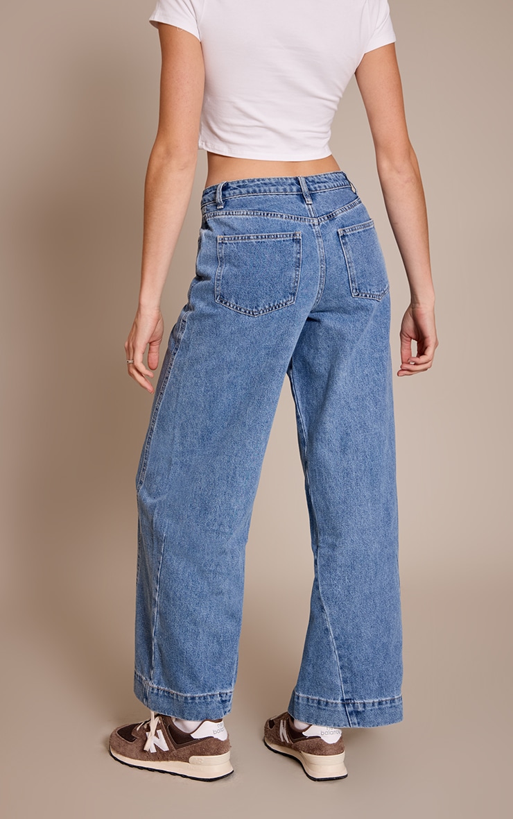 Mid Blue Relaxed Mid Rise Seam Detail Wide Leg Jeans image 3