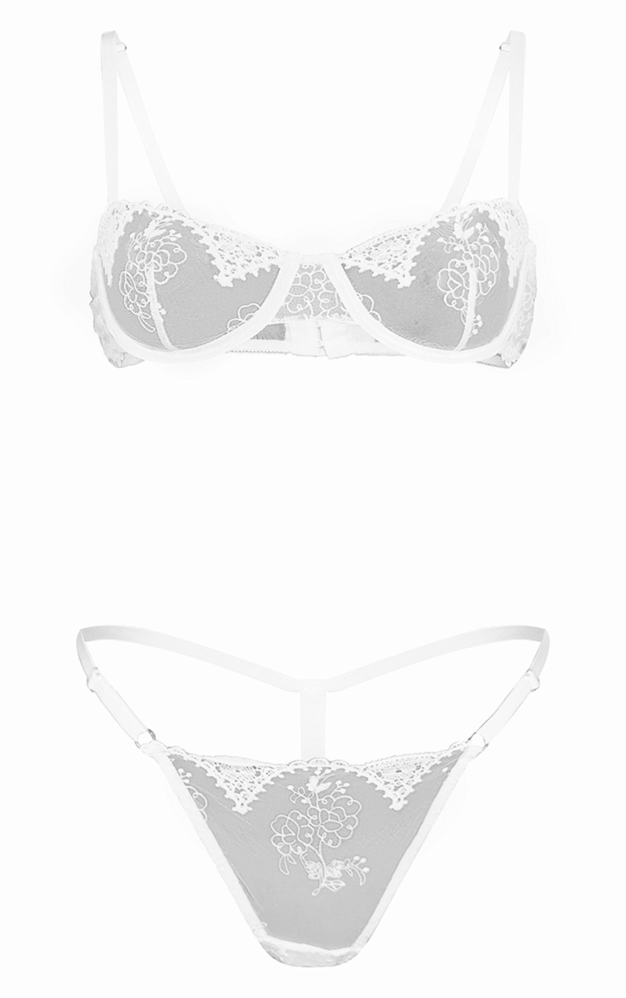 White Mesh Embroidered G String Lingerie Set image 5