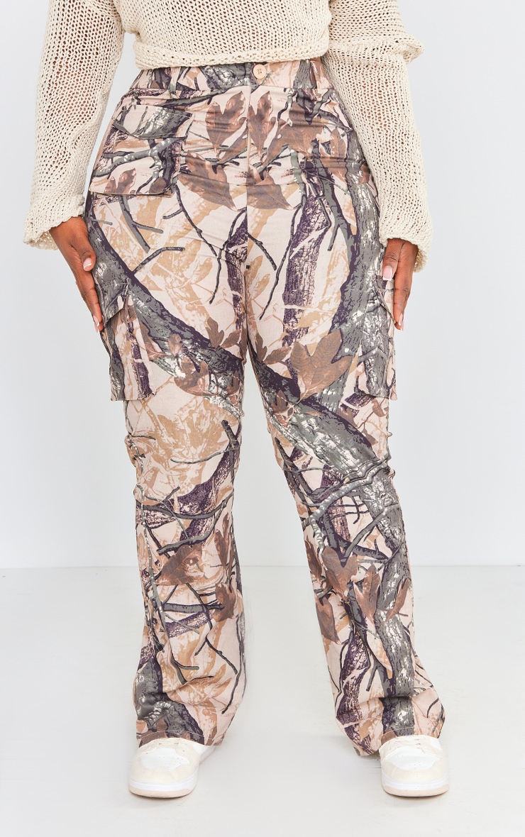 Plus Khaki Abstract Camo Pocket Front Cargo Straight Leg Pants image 2