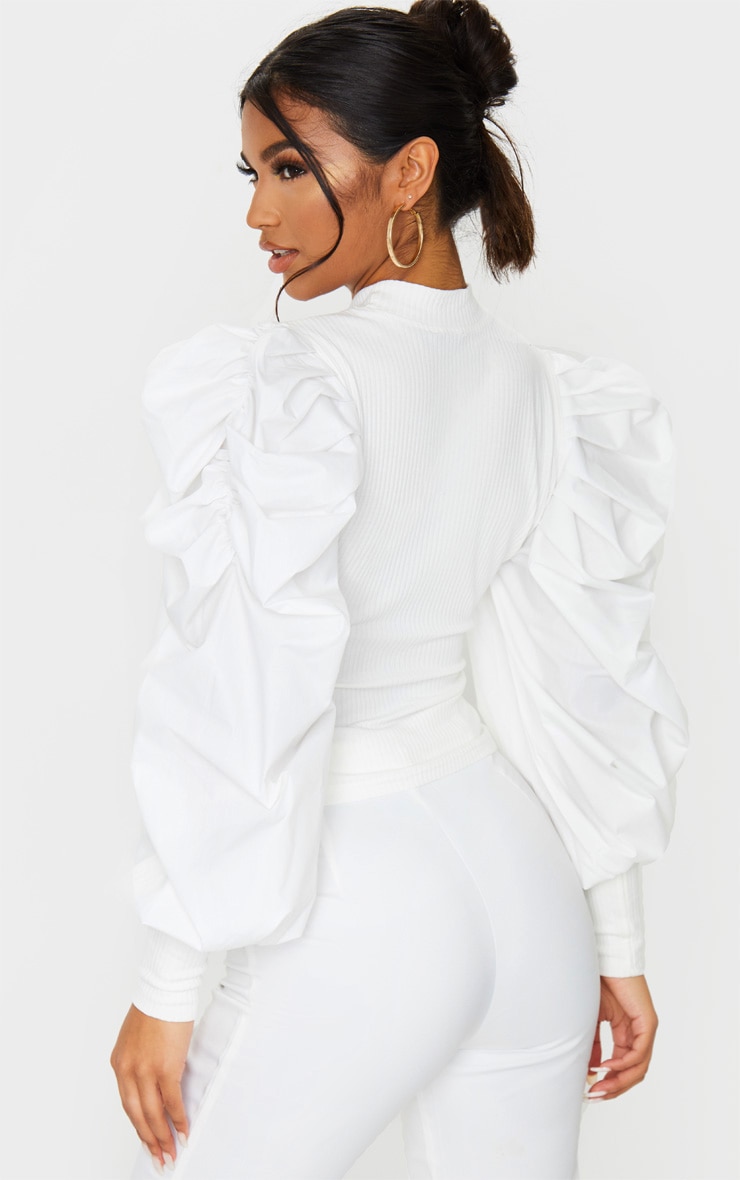 White Pleated Sleeve Jersey Rib Top image 2