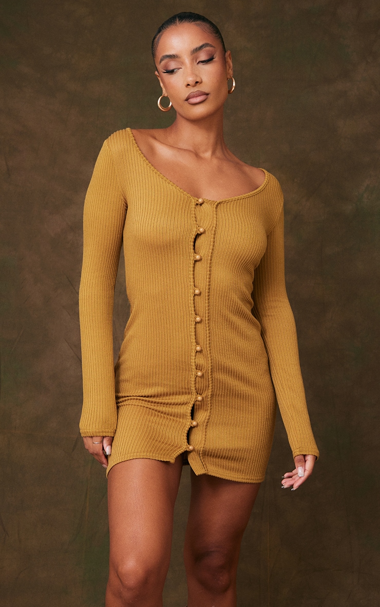 Olive Two Tone Rib Button Down Bodycon Dress