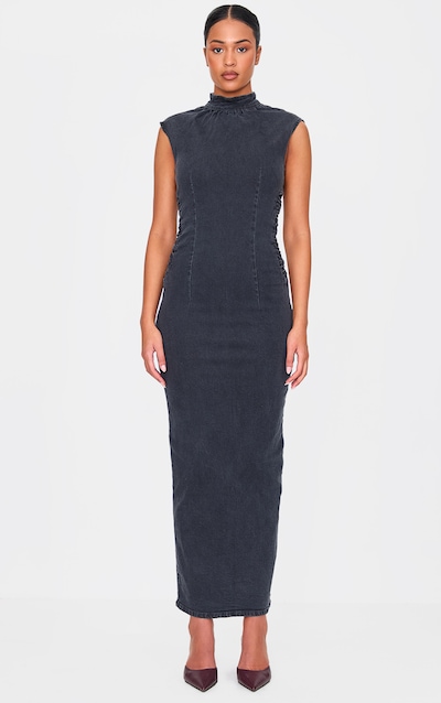 Tall Washed Grey High Neck Sleeveless Denim Midaxi Dress