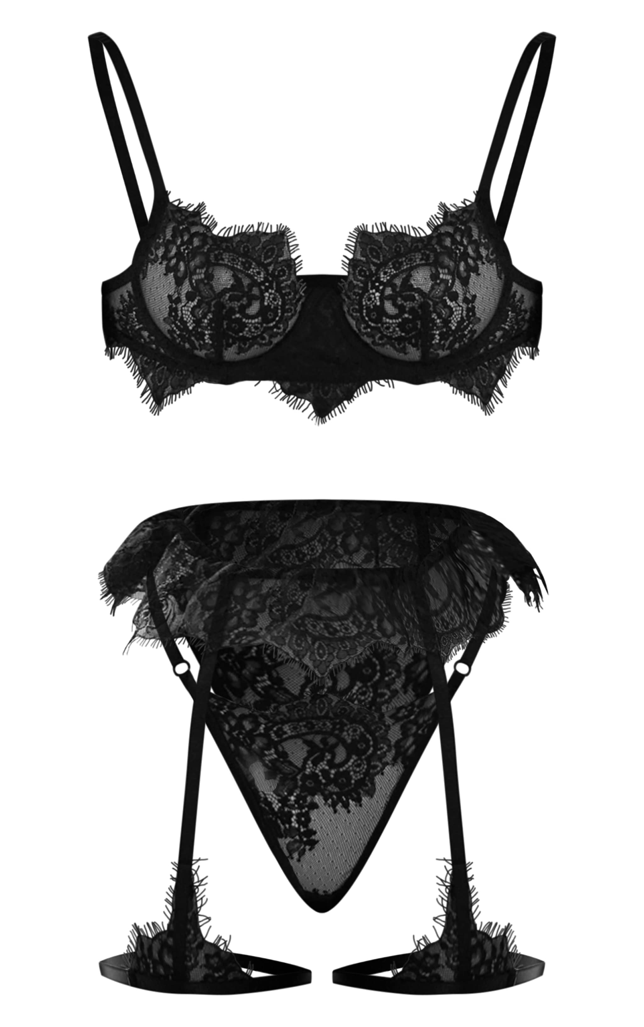 Black Eyelash Lace Skirt Suspender 3 Piece Lingerie Set image 1