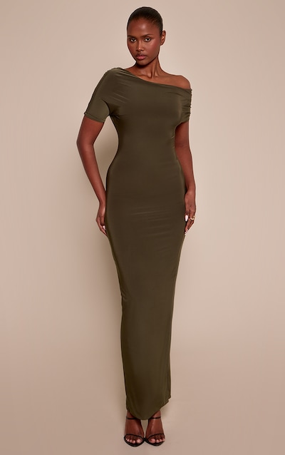Olive Double Layer Slinky Asymmetric Ruched Sleeve Maxi Dress