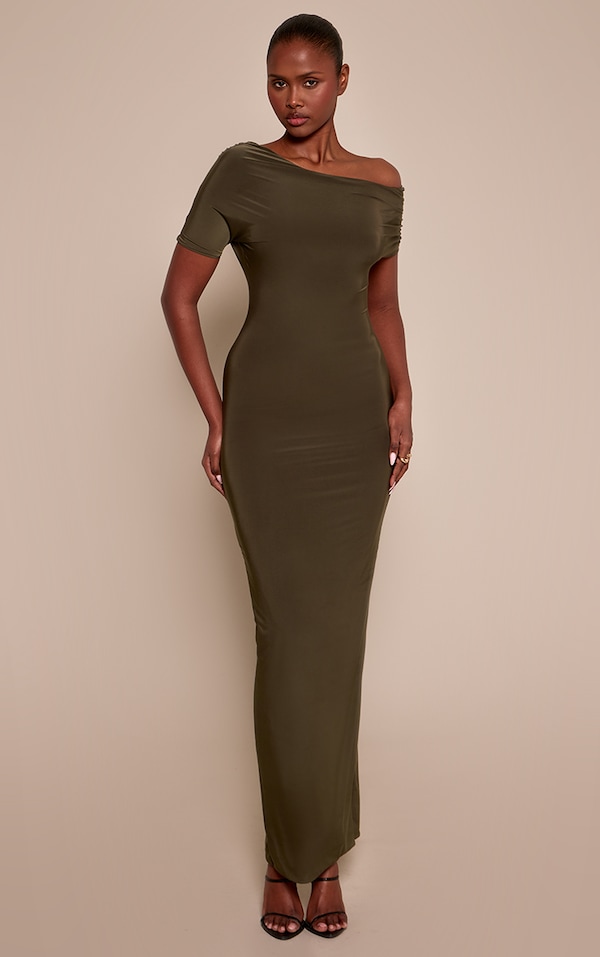 Olive Double Layer Slinky Asymmetric Ruched Sleeve Maxi Dress