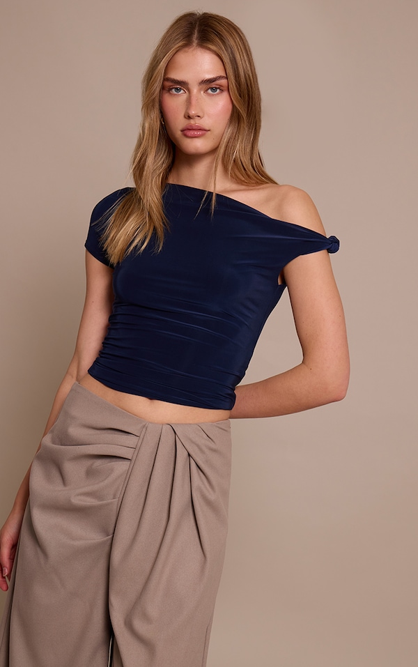 Navy Double Layer Slinky Asymmetric Knot Detail Long Top 