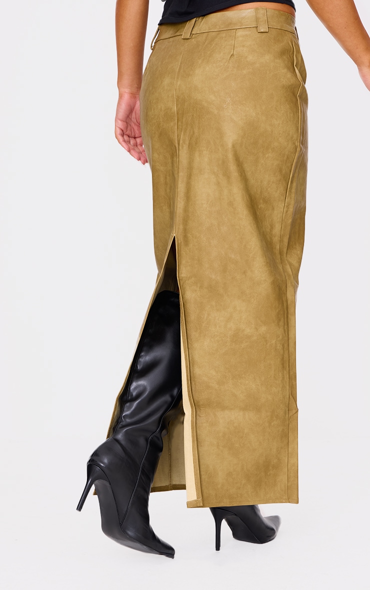 Premium Olive Washed Faux Leather Maxi Skirt image 3