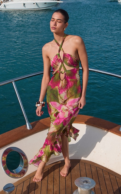 Olive Orchid Print Chiffon Frill Maxi Beach Dress