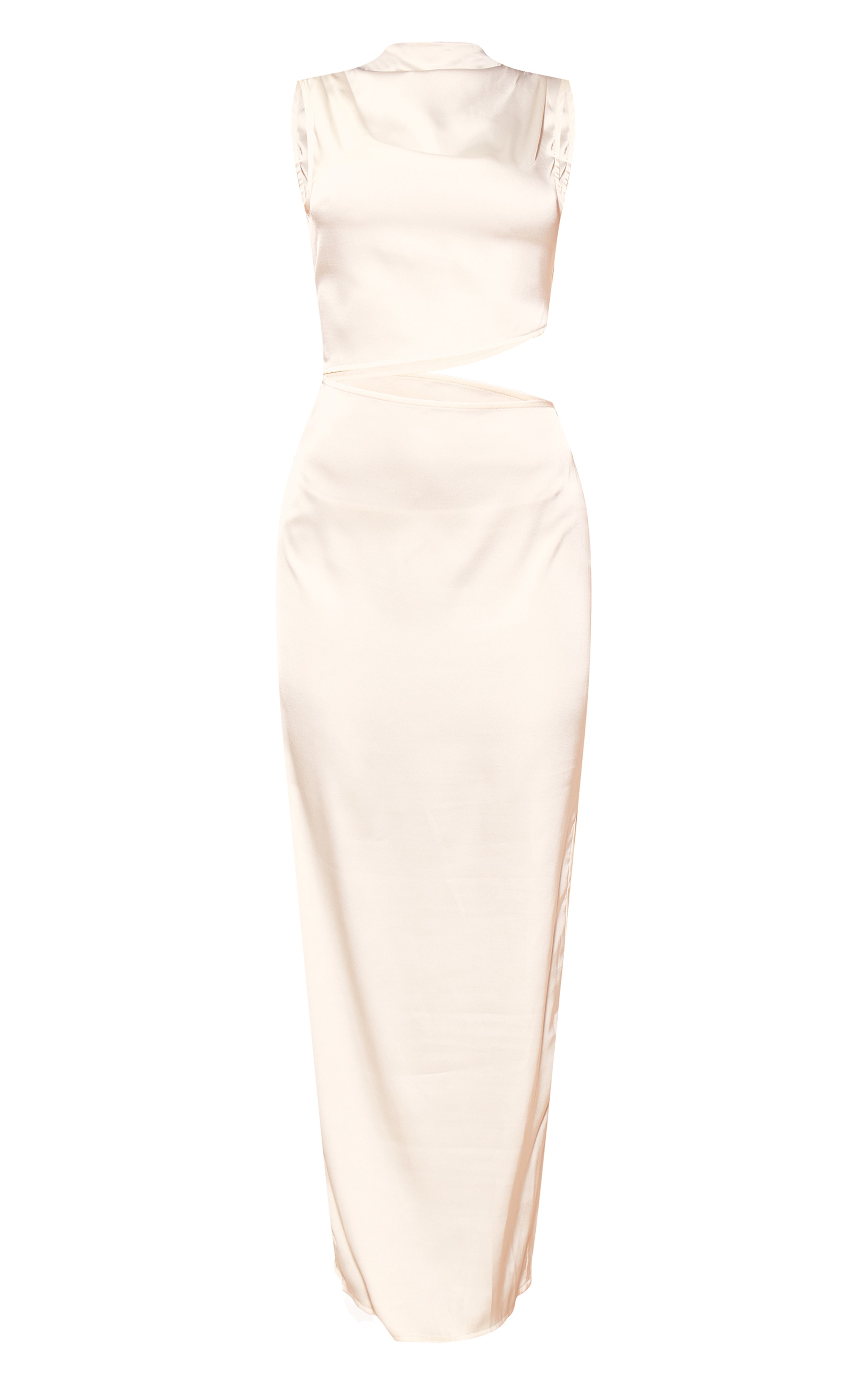 Robe longue satinée crème à découpes et col montant image 5