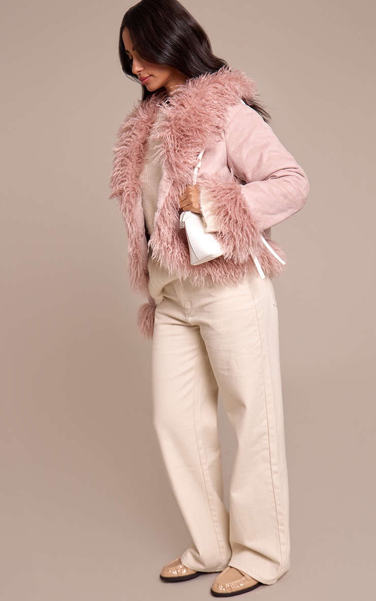 Petite Manteau style afghan en suédine rose à bordures en fausse fourrure image 3