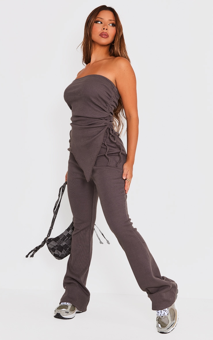  Charcoal Bandeau Asymmetric Ribbed Flared Jumpsuit image 1