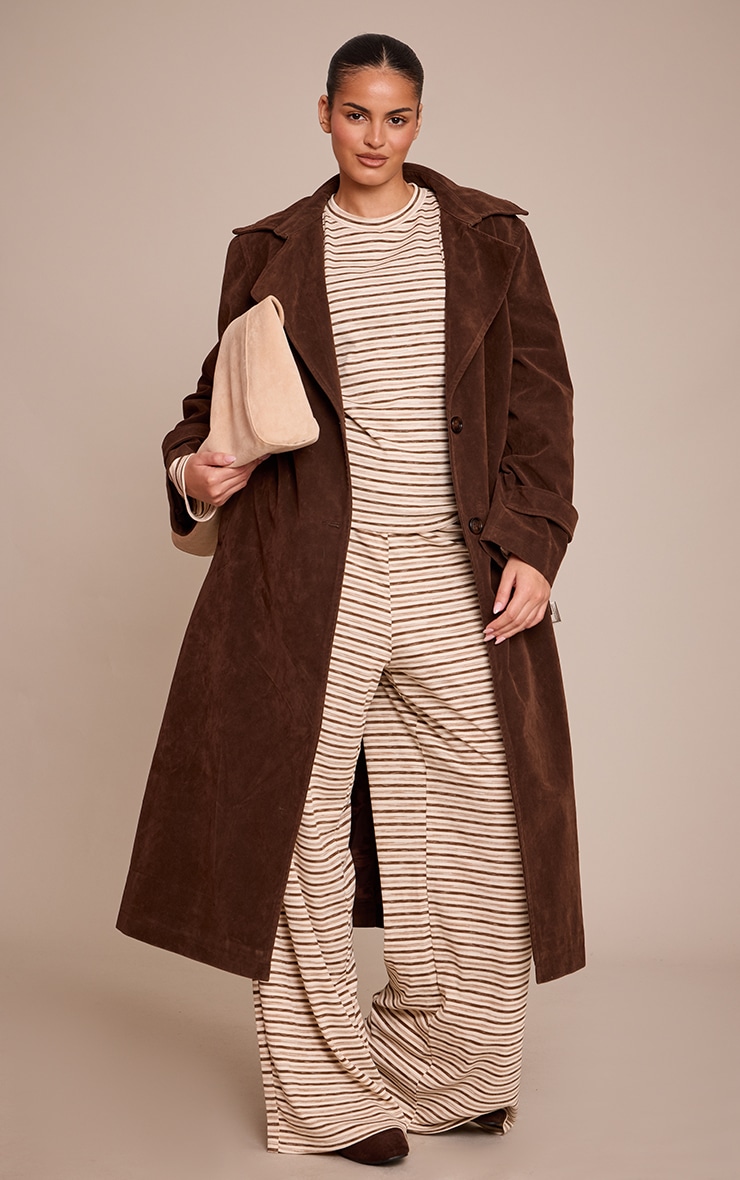 Plus Light Brown  Soft Rib Striped Detail  Fitted Long Sleeve Top  image 3