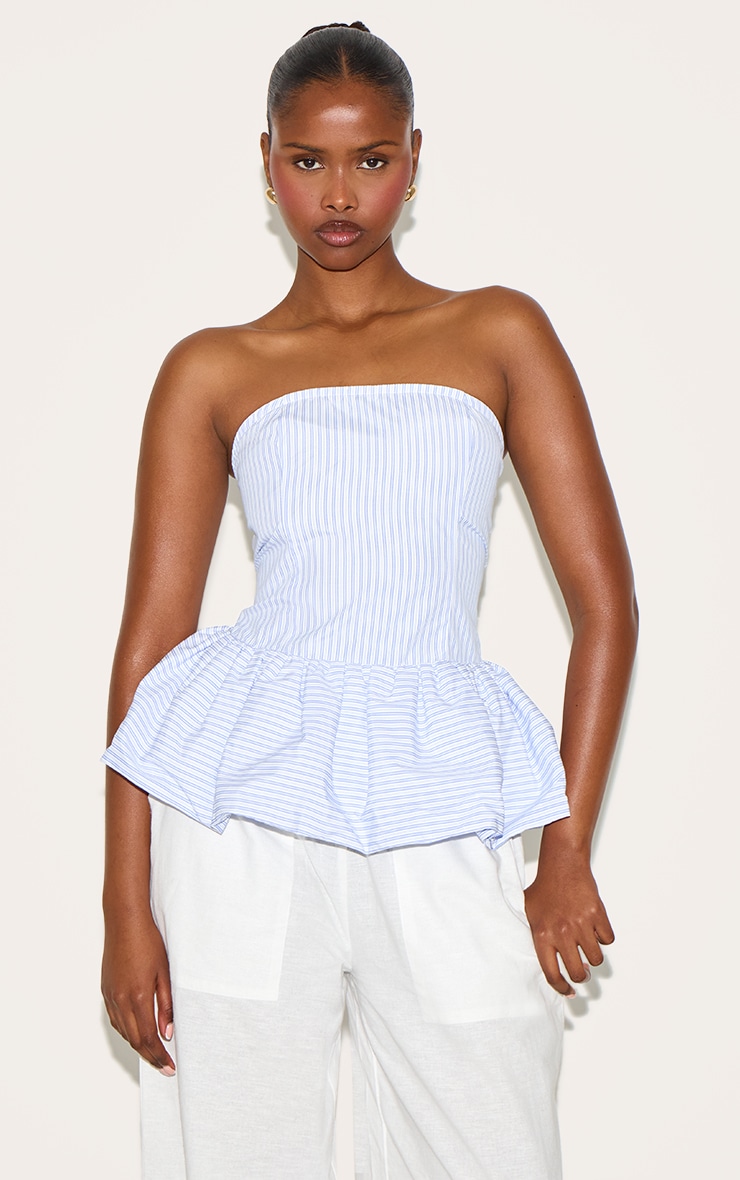 Blue Striped Bandeau Puff Ball Top image 1