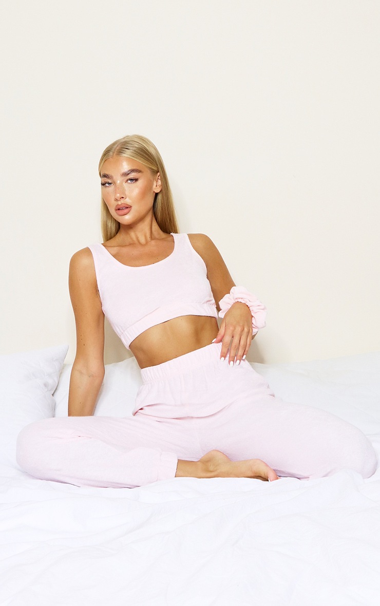 Baby Pink Toweled Bralet And Joggers Lounge Set With Scrunchie