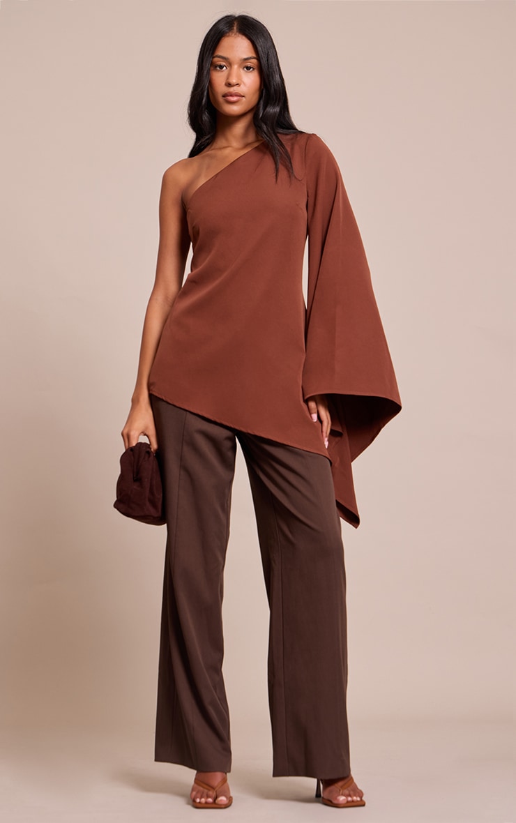 Tall Chocolate Woven Asymmetric Flare Sleeve Long Top image 3