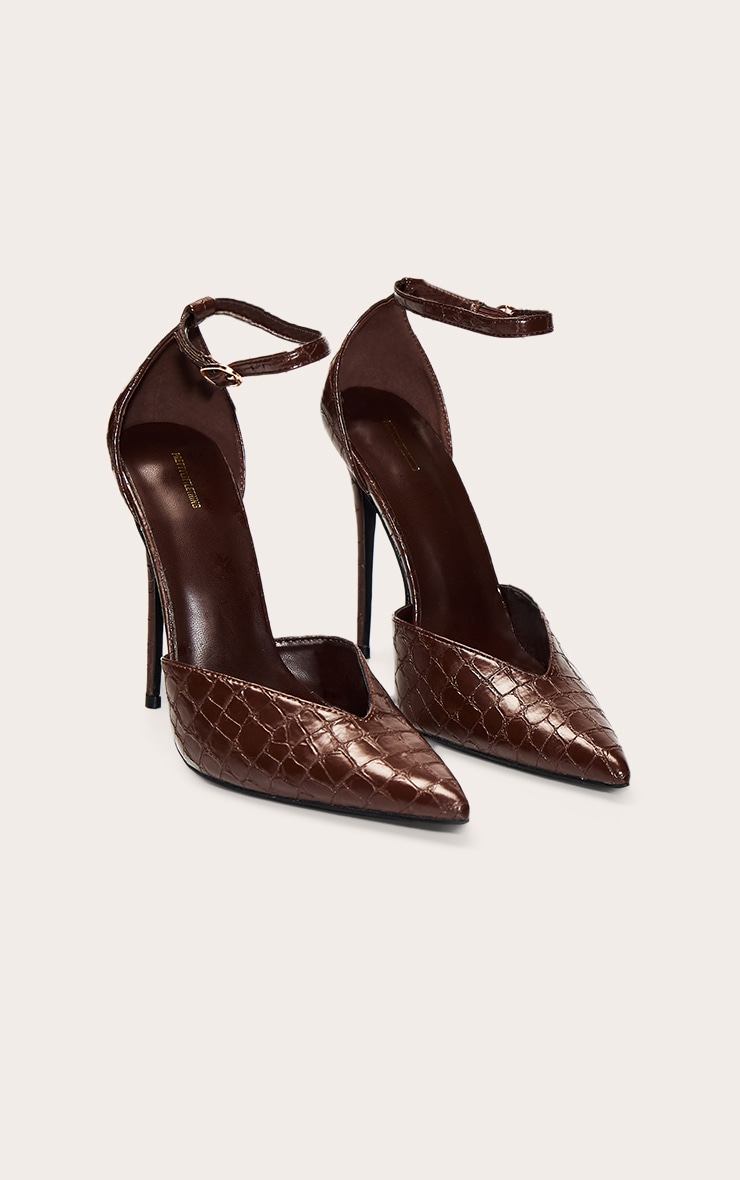 PLT Label Chocolate Brown Faux Croc Point Toe High Heeled Court Shoes image 3