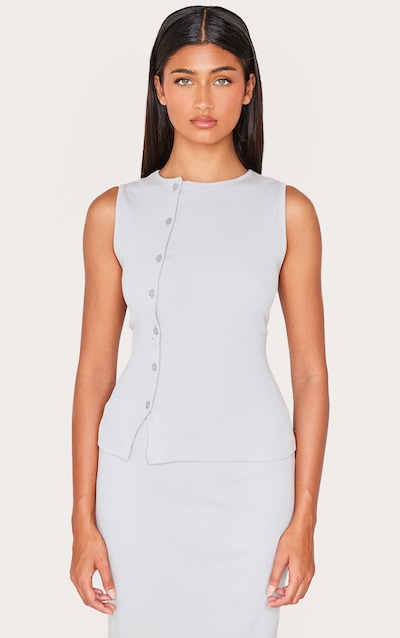 Grey Ribbed Asymmetric Button Up Vest Top