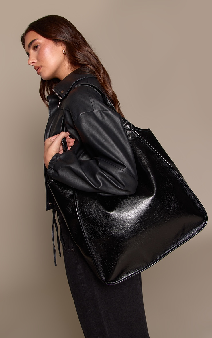 Black Crinkle PU Oversized Tote Bag