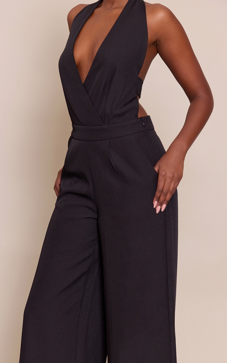 Black Tailored Plunge Halter Neck Wide Leg Jumpsuit image 4