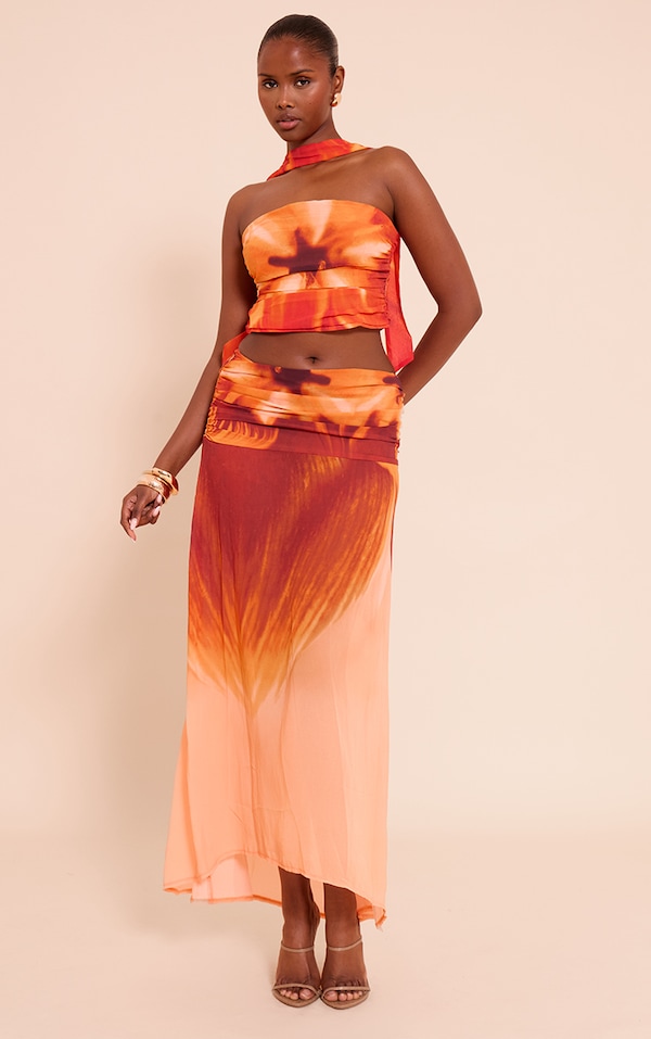 Orange Floral Printed Chiffon Ruched Maxi Skirt