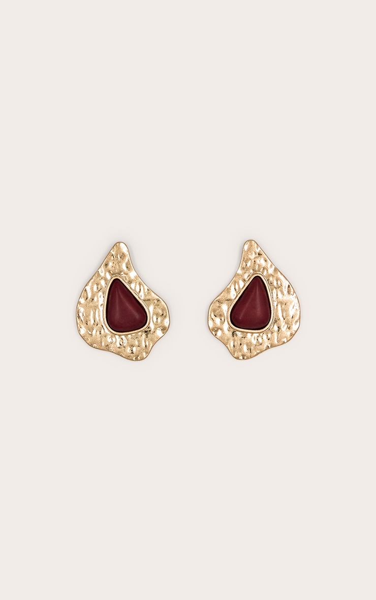 Burgundy Resin Worn Gold Stud Earrings image 2