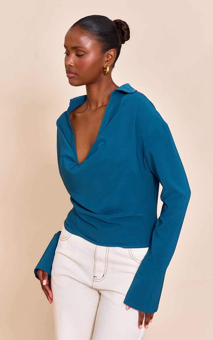 Teal Chiffon Cowl Neck Blouse image 1