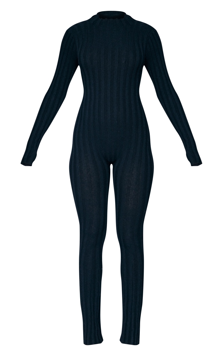Black Wide Rib Knit Open Back Jumpsuit image 5
