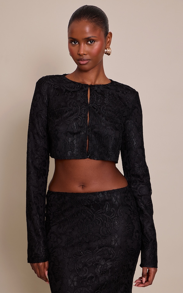 Black Lace Button Long Sleeve Cropped Top