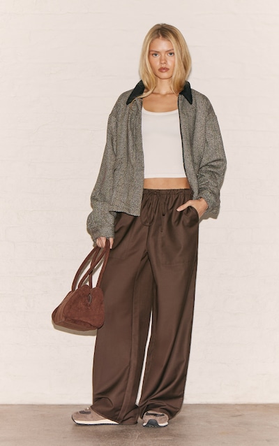 Pantalon décontracté tissé chocolat à cordons ajustables et taille basse