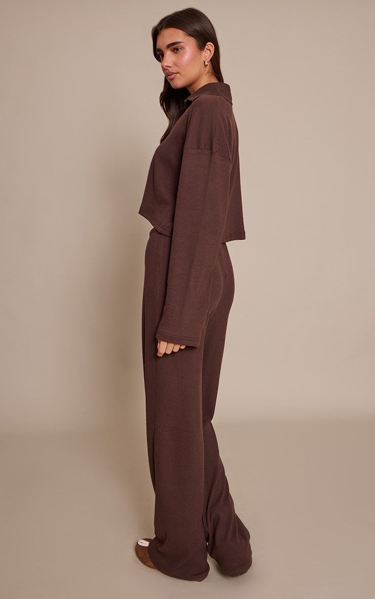 Chocolate Brown Brushed Rib Wide Leg Drawstring Trousers image 3