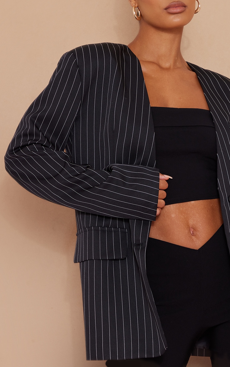 Black Stripe Collarless Single Breasted Oversized Blazer image 4