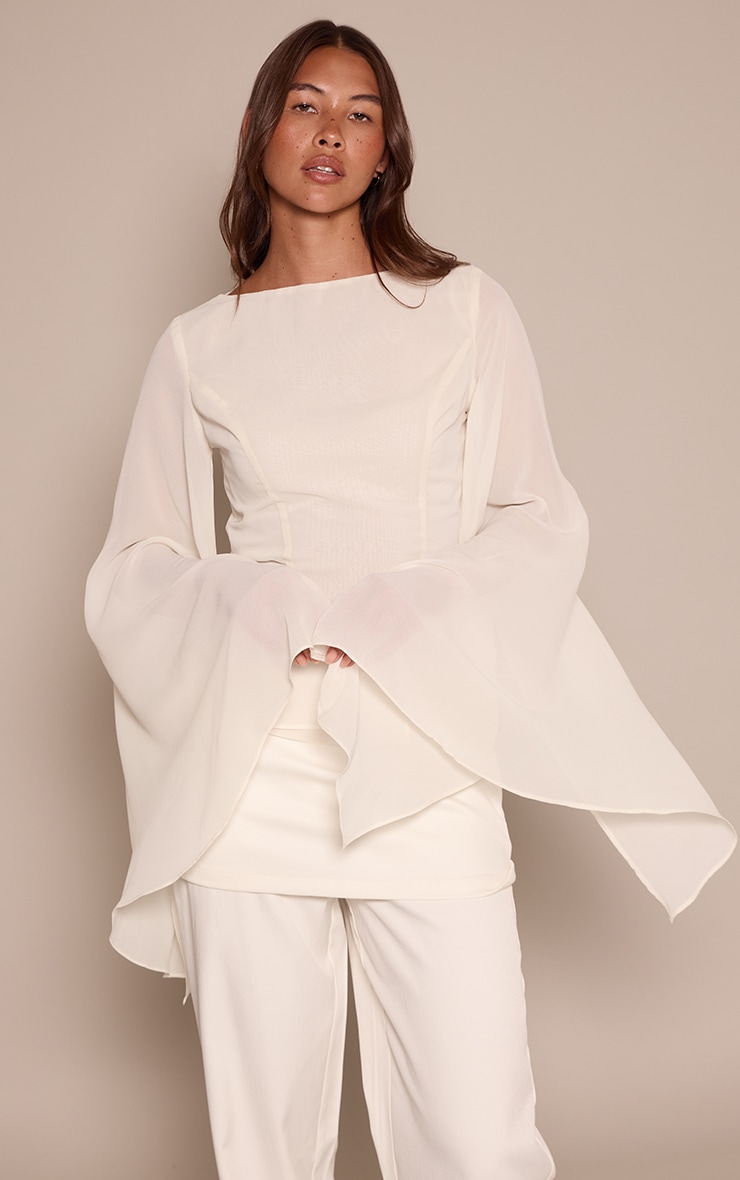Cream Chiffon Flare Sleeve Cape Detail Top