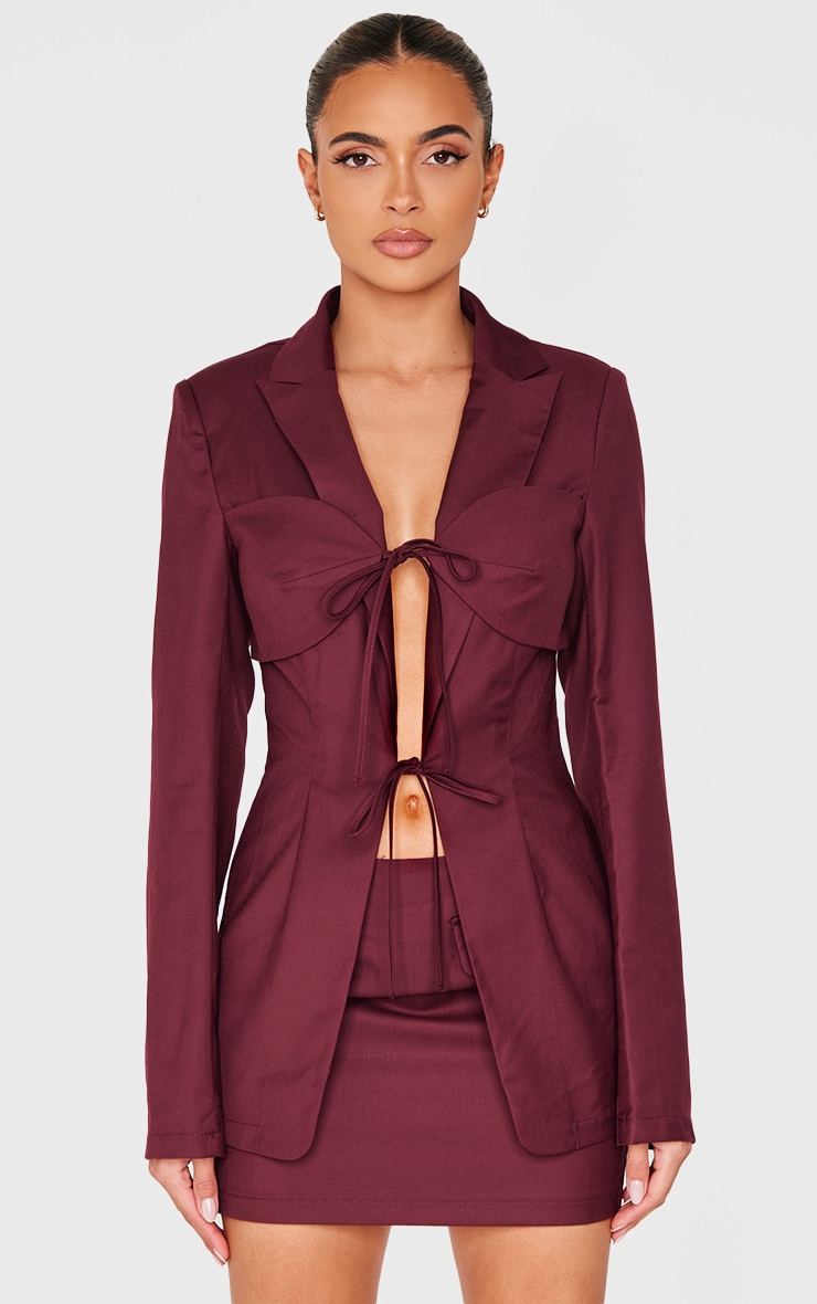 Blazer de tailleur long tissé bordeaux noué devant image 1