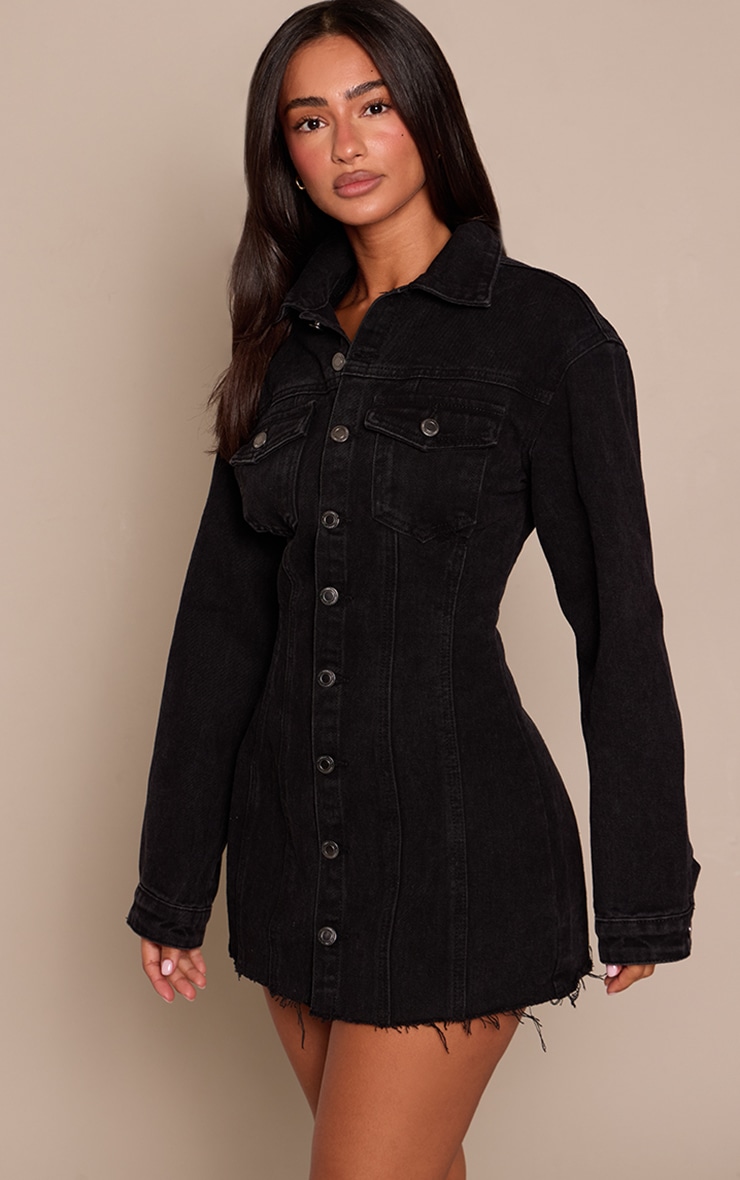 Petite Black Denim Long Sleeve Fitted Mini Dress image 4