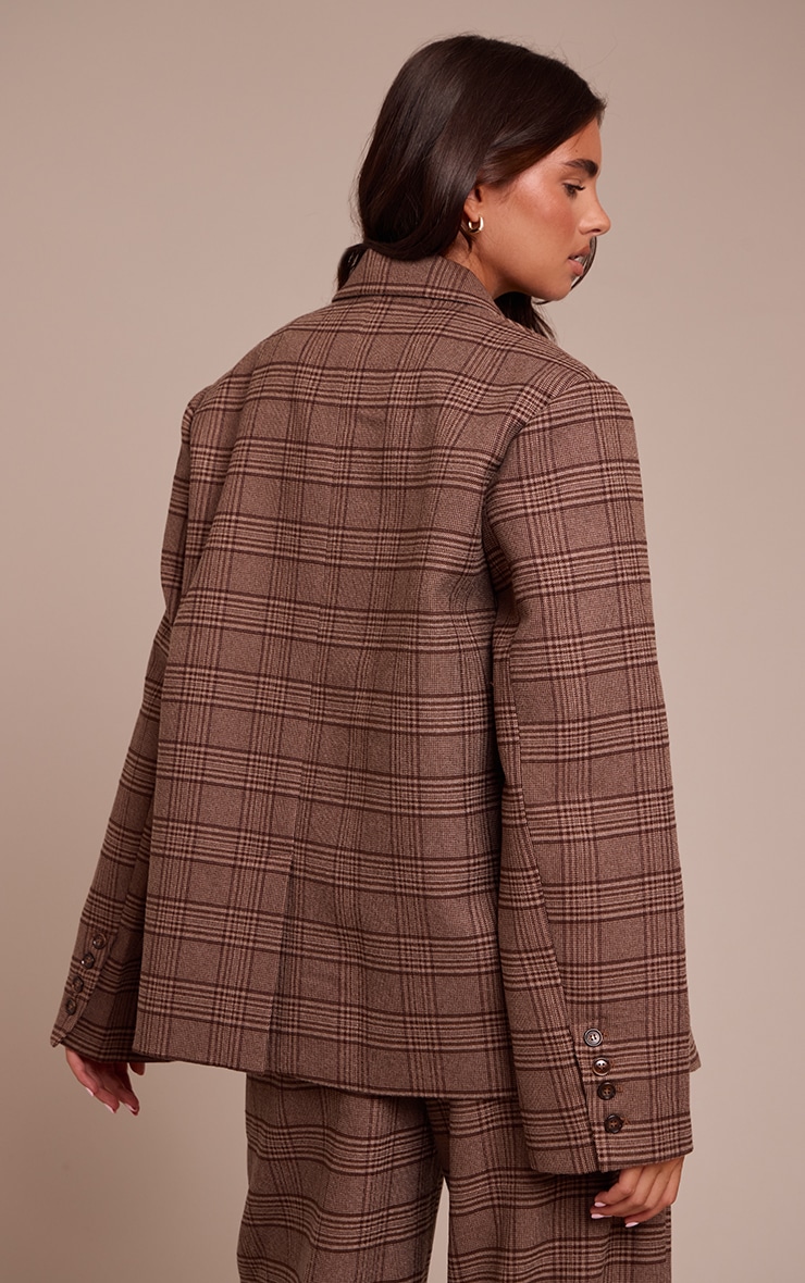 Brown Premium Woven Twill Checked Oversized Blazer image 2