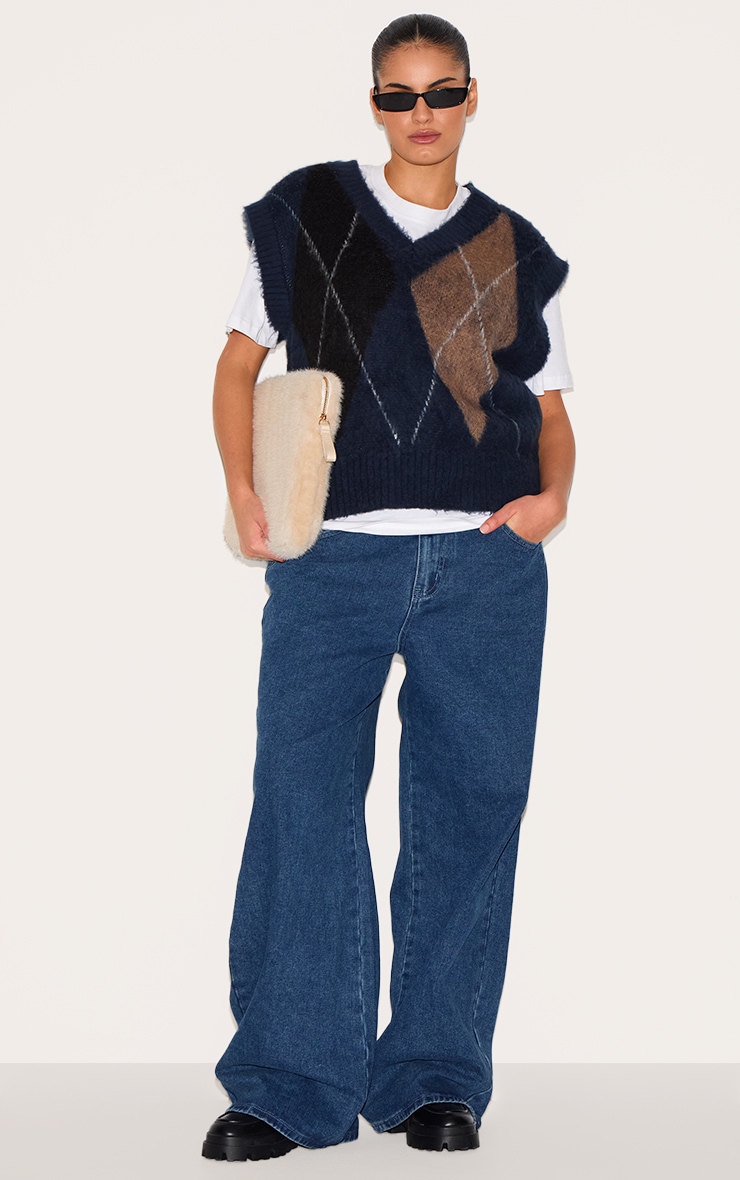 Plus Navy Checkered Knitted Sweater Vest image 3