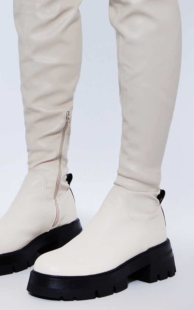 Cream PU Chunky Arched Sole Over The Knee Boots image 3