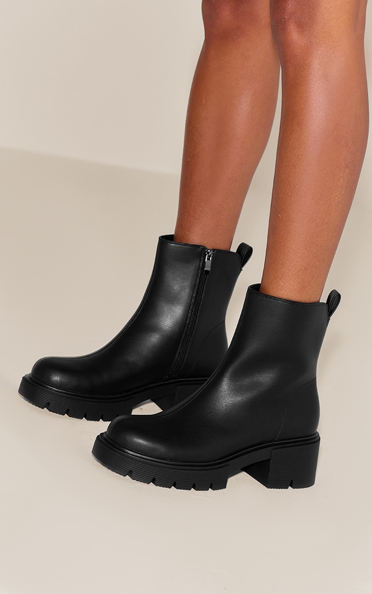 Black Chunky Cleated Sole Dipped Ankle Boot