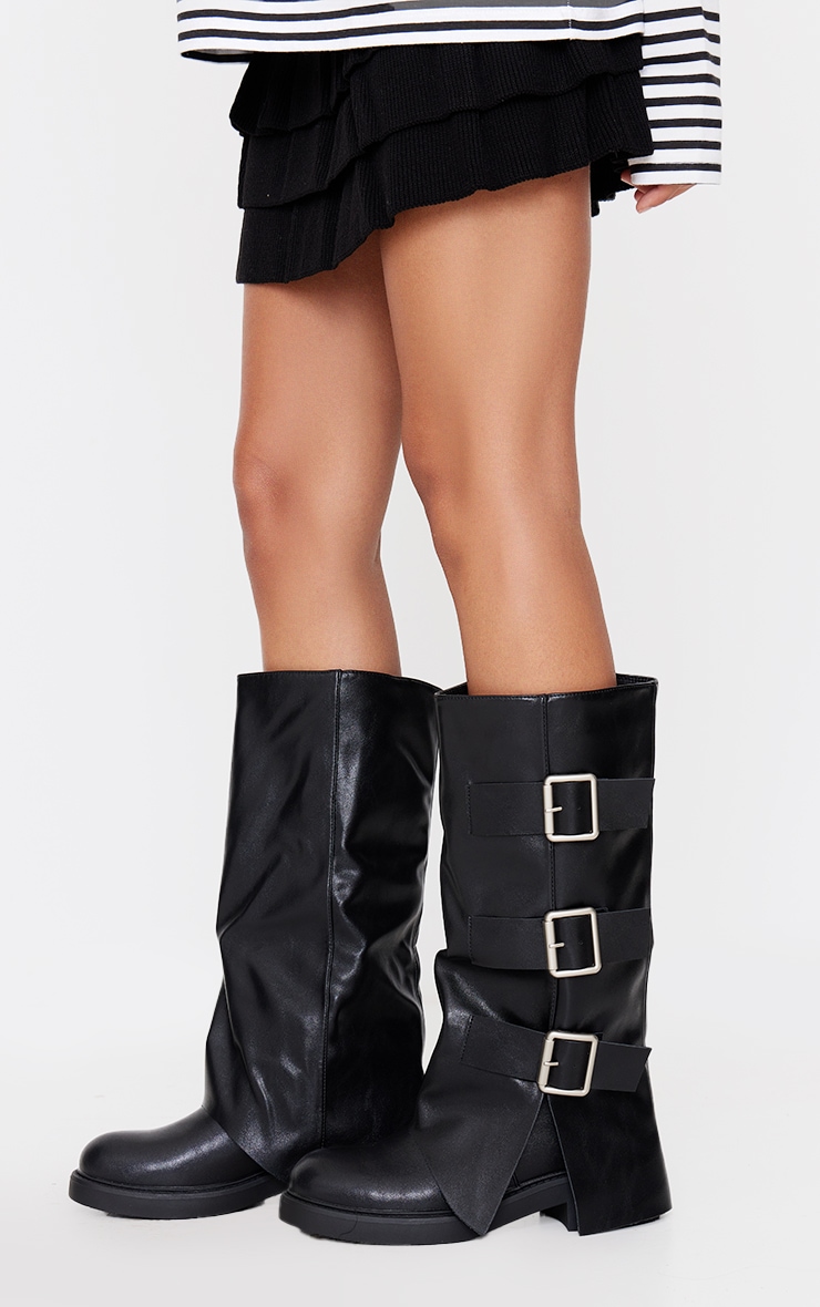 Black Pu Triple Buckle Fold Over Knee Boots PrettyLittleThing